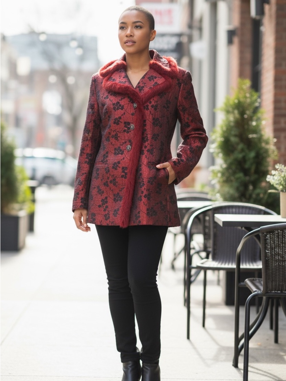Champagne Women's Burgundy-Black Lined Fur Jacket, Blazer, 10 - Picture 6 of 6